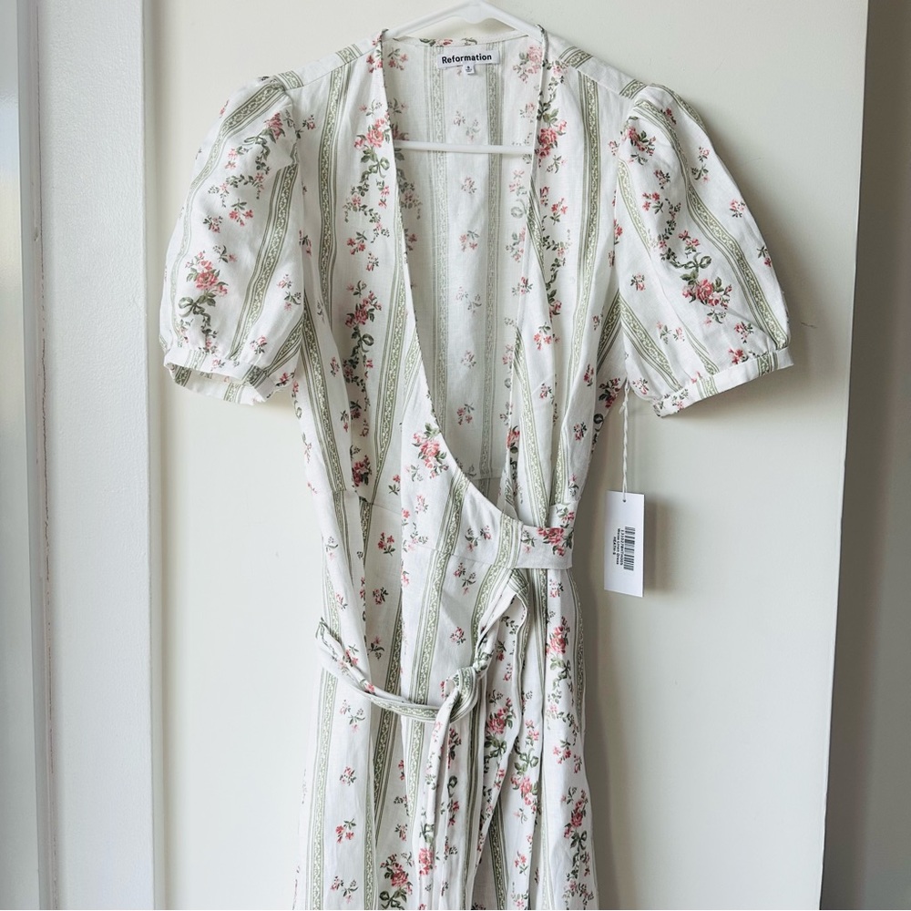 Reformation Cream Floral Stripe Wrap Midi Dress with Pink Blossoms - Picture 2 of 8